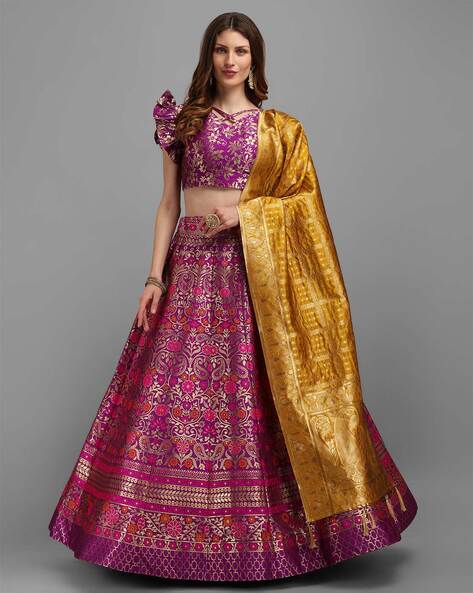 Buy Kids Girls Pink Embroidered N Green Brocade Lehenga Online at Best  Price | Cbazaar