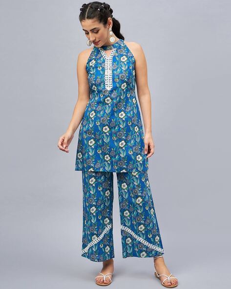 Floral Print Halter-Neck Tunic with Palazzos Set