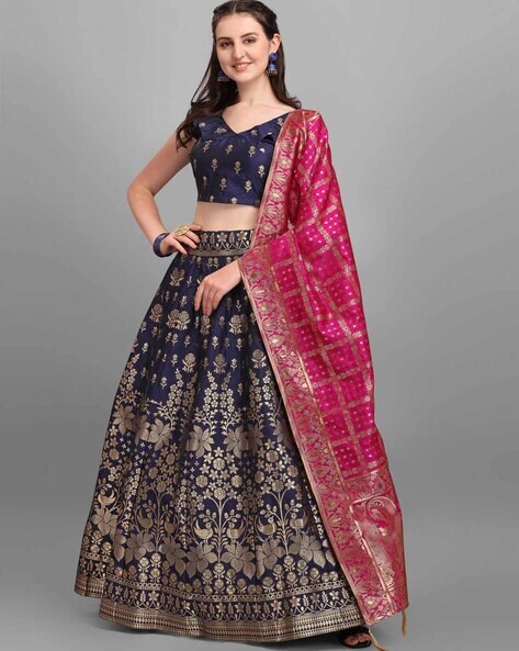 Navy Blue and Pink color Embroidered Silk A Line Lehenga Choli
