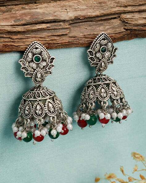 Buy Online Beautiful Cage Scripted Jhumka Earrings, Oxidised Earrings With  Pearls, Long Earrings, Indian - Zifiti.com 1098662