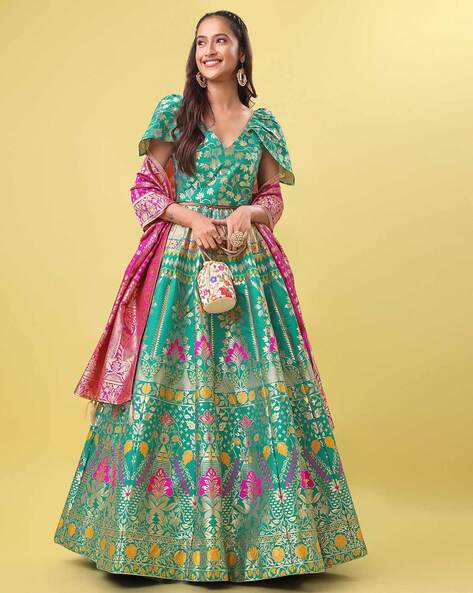 Sap Green Chanderi Lehenga Set Design by 1999AD By Amita & Deepak at  Pernia's Pop Up Shop 2024