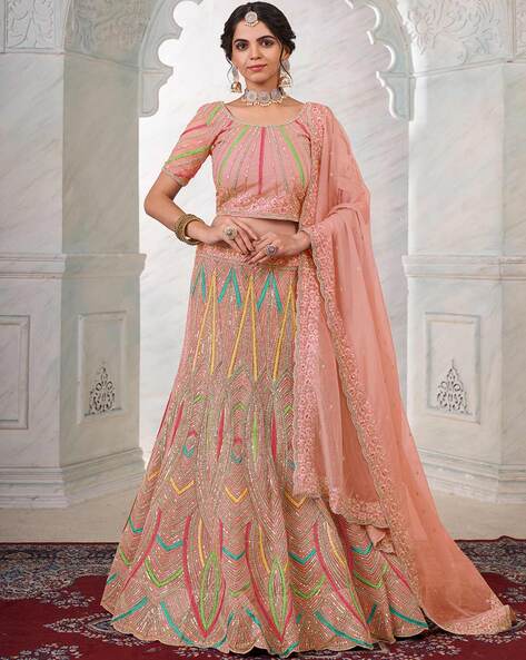 Peach Embroidered Net Lehenga Choli With Dupatta 2437LG01