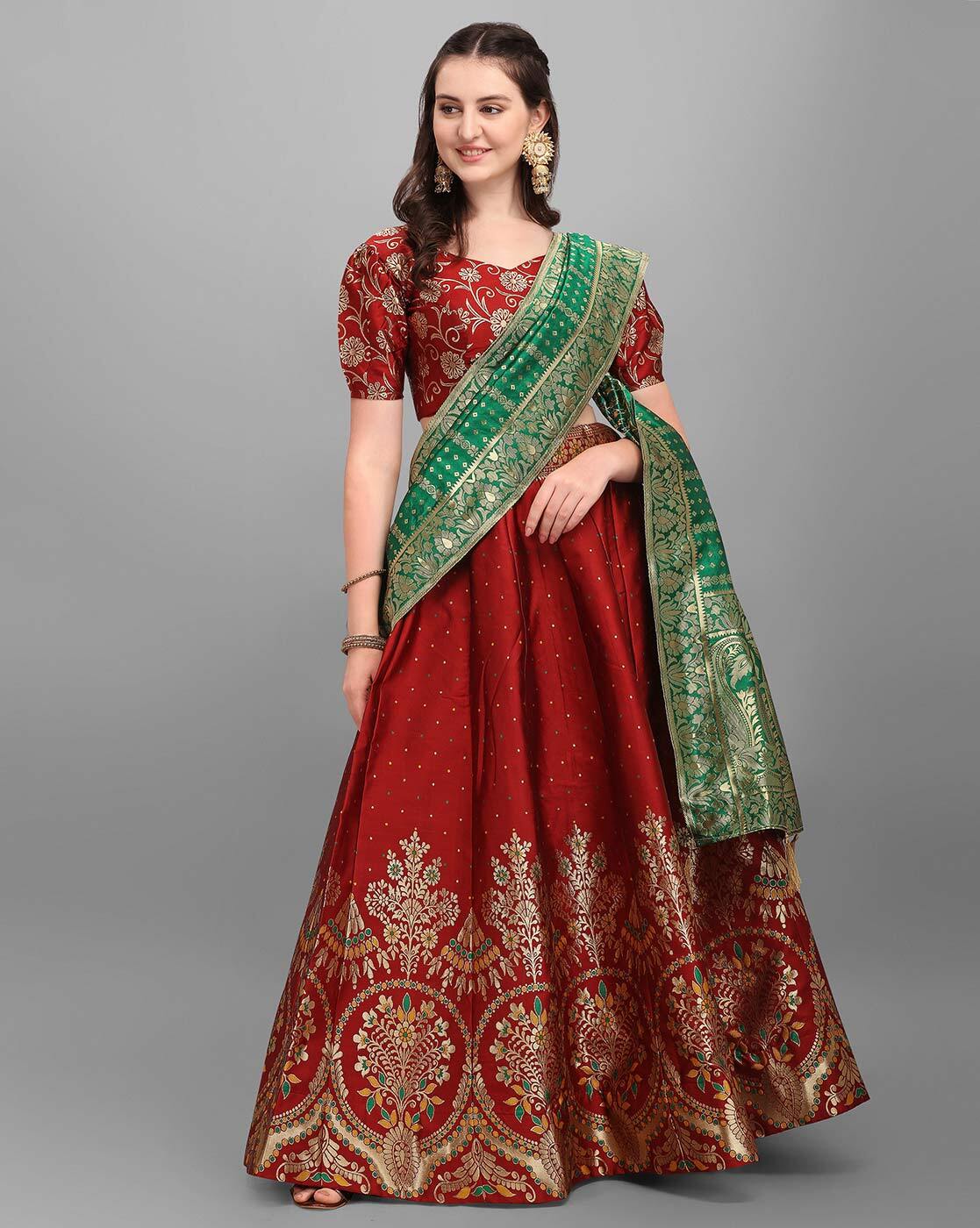 Maroon Lehenga Adorned in all over Floral Embroideries with Dupatta|Lehenga -Diademstore.com