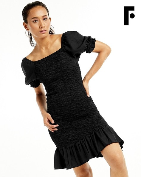 Shop the Pearl Ruffle Strap Mini Dress Black | Selfie Leslie