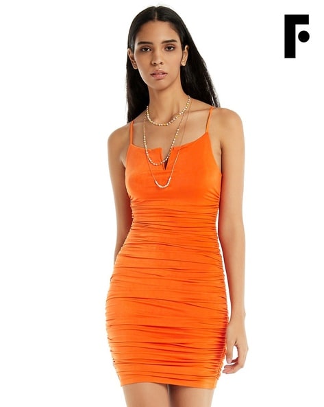 Orange spaghetti best sale strap bodycon dress