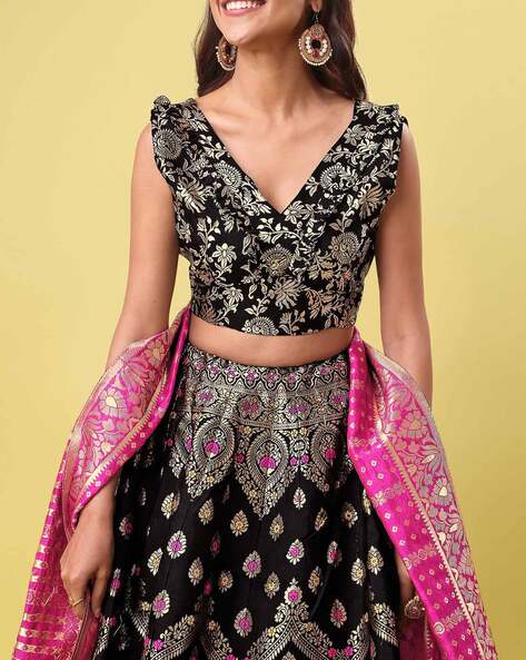 Black Fabric with Pink Sequence Embroidered Semi-Stitched Lehenga &  Unstitched Blouse with Dupatta - JATRIQQ - 3673730