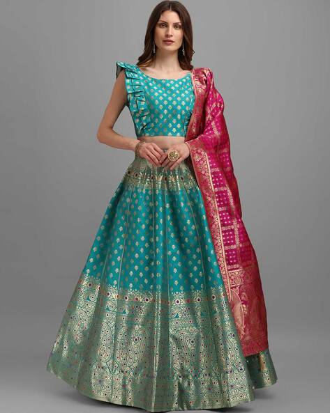 Green Festive Wear Woven Brocade Lehenga Choli