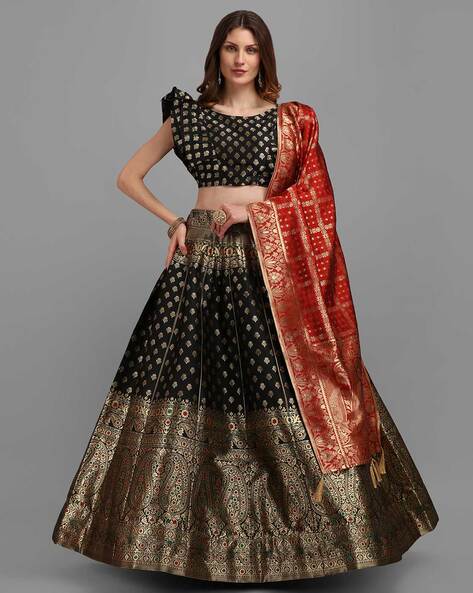 Buy ATSEVAM Women's Semi Stitched Black-Red Cotton Silk Dandiya Pattern  Embroidered Navratri Lehenga With Banglory Silk Choli And Nazneen Dupatta  at Amazon.in