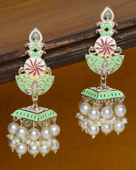 Buy Superb Gold Rodium Polish Mint Green and Off White Earrings Online