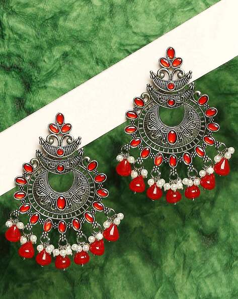 Oxidised Chandbali Earrings with Red Pearl