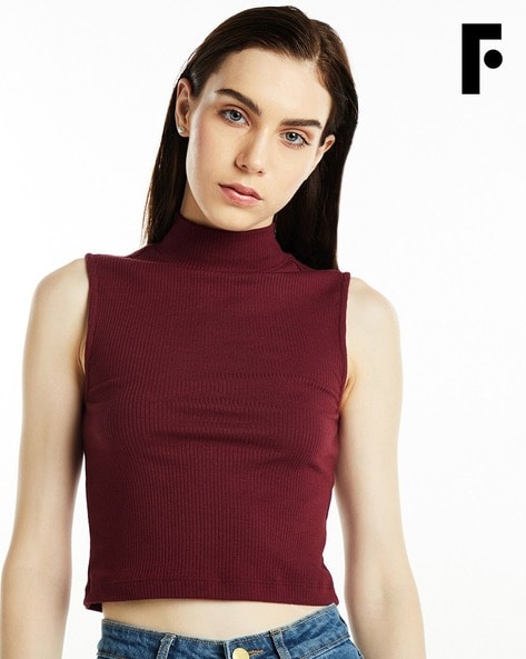 Wine Red High Neck Blouse Top with Cut Detail | SilkFred