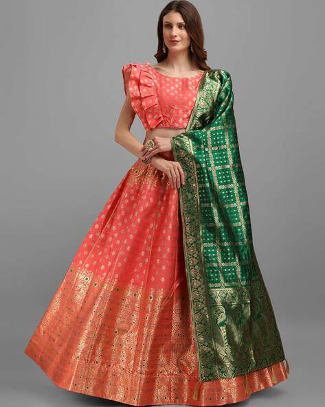 Coral-Peach Printed Lehenga Choli with Scalloped Sheer Dupatta | Exotic  India Art