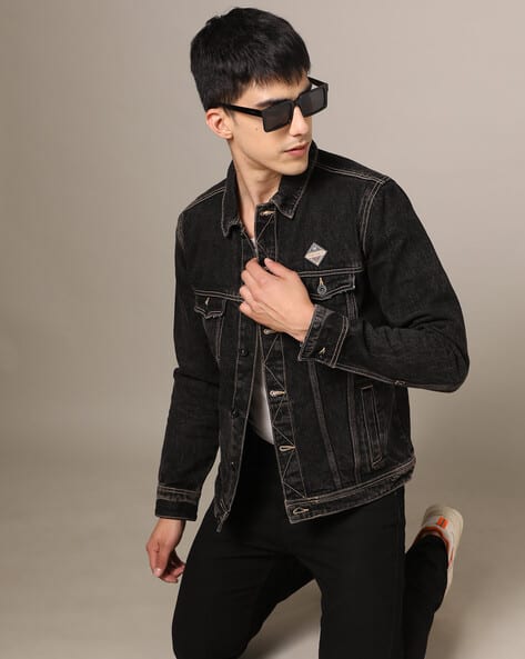 Men Washed Slim Fit Trucker Jacket
