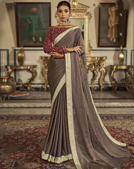 Brown Georgette Designer Fancy Silk Saree With Embroidered Blouse – Rushini