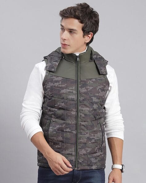 Men Printed Zip-Front Jacket with Detachable Hood