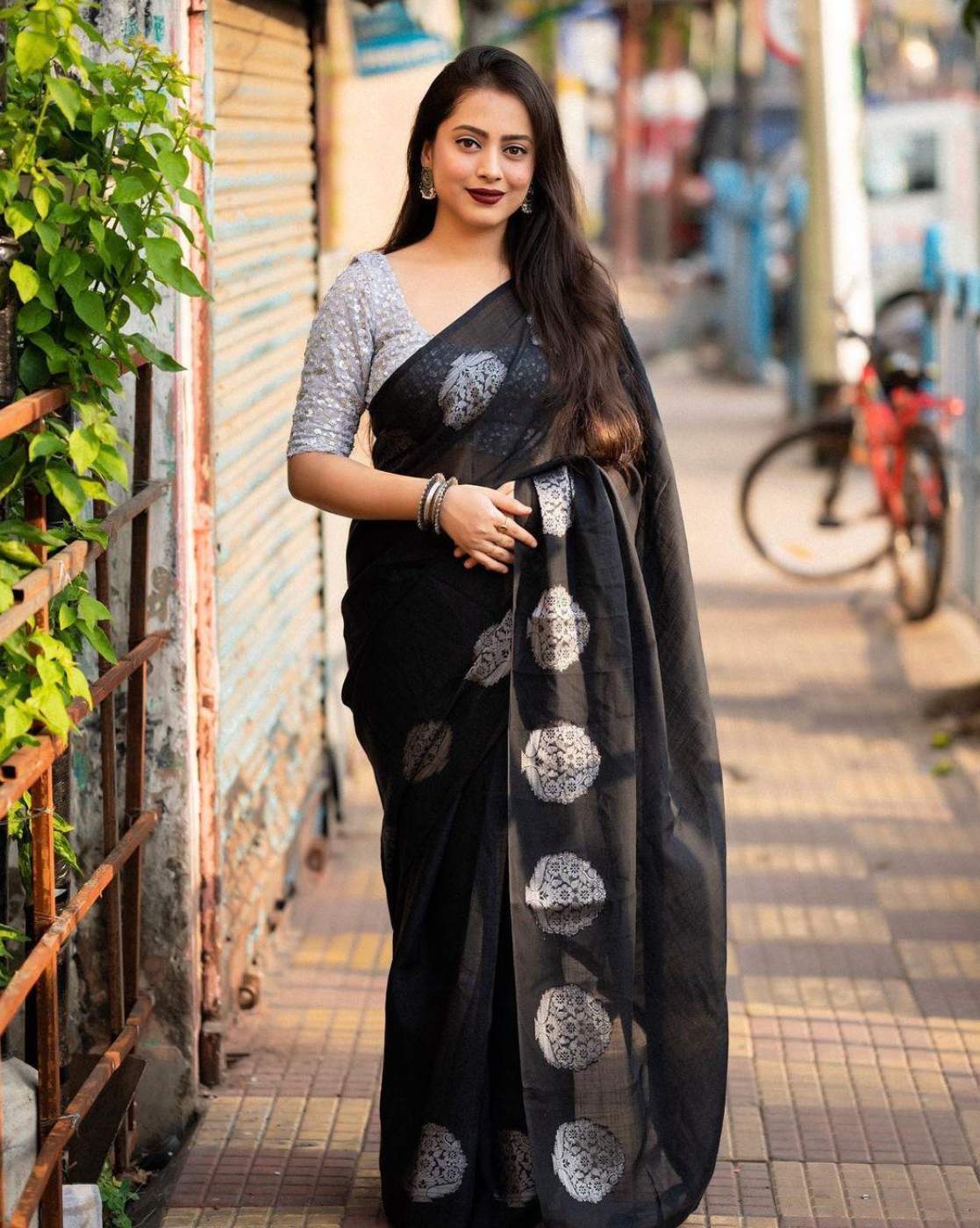 Black Mirrorwork embroidered saree set with a handembroidered blouse piece  Design by Tabeer India at Modvey | Modvey | Modvey | Modvey | Modvey