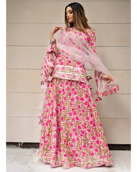 Pink floral printed corset top and lehenga