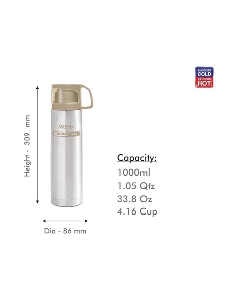 Milton Glassy 750 Thermosteel Water Bottle with Drinking Cup Lid, 750 ml