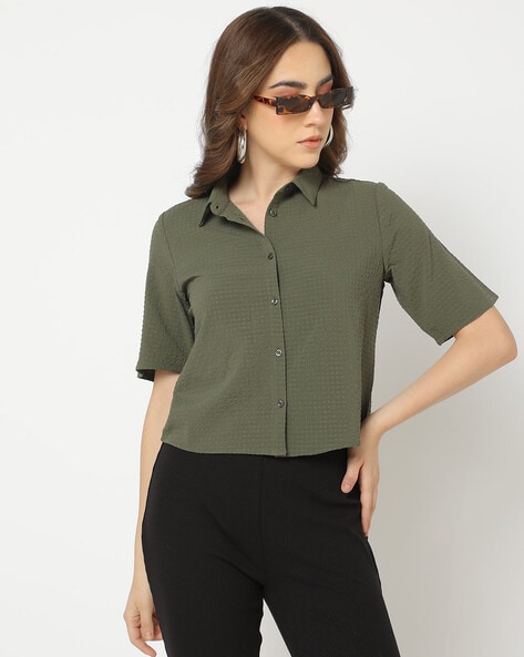 Buy SHEER LOOSE BUTTON-DOWN GREEN SHIRT for Women Online in India