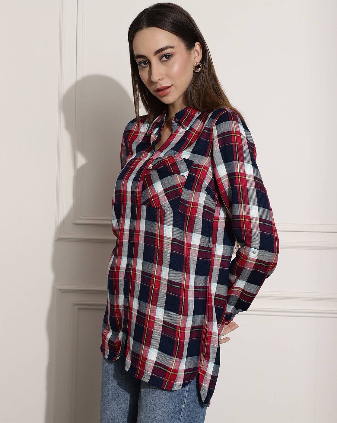 Women Checked Regular Fit Shirt with Flap Pocket