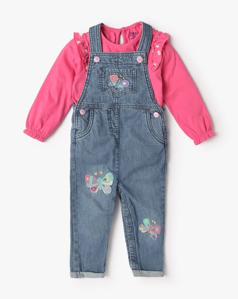Girls Embroidered Denim Dungaree with Top