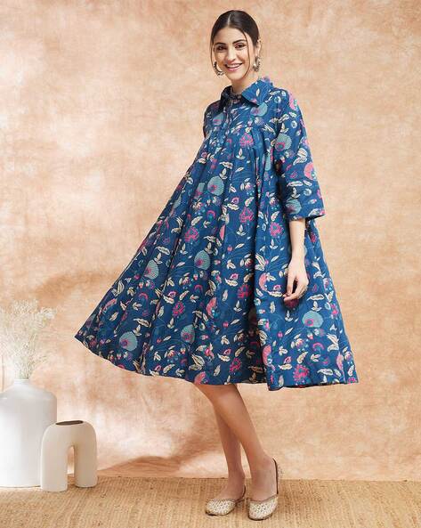 Buy Blue Floral Short Sleeves Dress Online at Best Price at Global Desi-  FW22GKR002DRRY