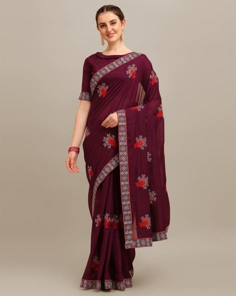 Indie Picks Women Floral Embroidered Saree with Unstitched Blouse Piece