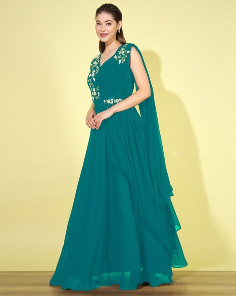 Off White & Olive Green Ethnic Maxi Dress with Attached Dupatta-hdcinema.vn