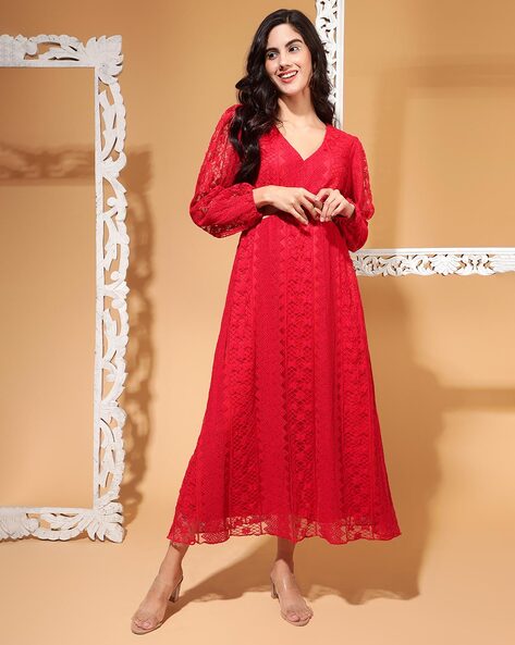 Red lace best sale a line dress