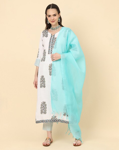 Buy SOURBH Women's Straight Fit Cotton Floral Printed & Mirror Work Kurta  Set with Dupatta & Trouser Pant (K9072-White, Turquoise-M) at Amazon.in