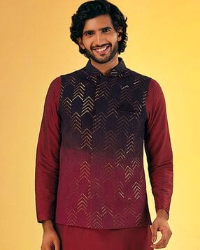 Men Regular Fit Embellished Nehru Jacket with Patch Pocket-image-1