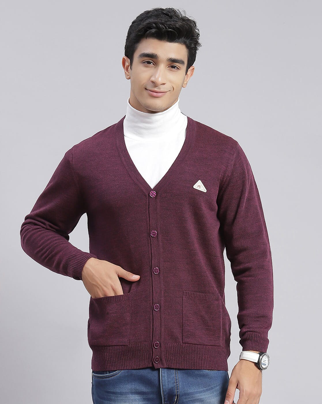 Men Regular Fit Cardigan with Patch Pockets