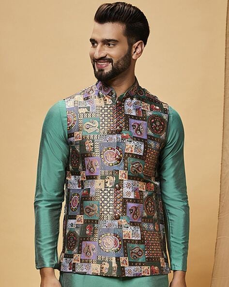 KISAH Boys Orange & Grey Printed Nehru Jacket - Absolutely Desi