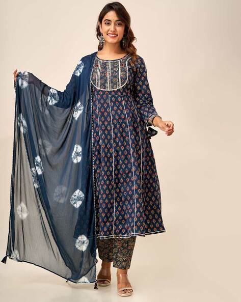 Women Floral Print A-Line Kurta with Pants & Dupatta Price in India
