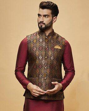 kisah Men Printed Regular Fit Nehru Jacket with Patch Pockets-picture-22
