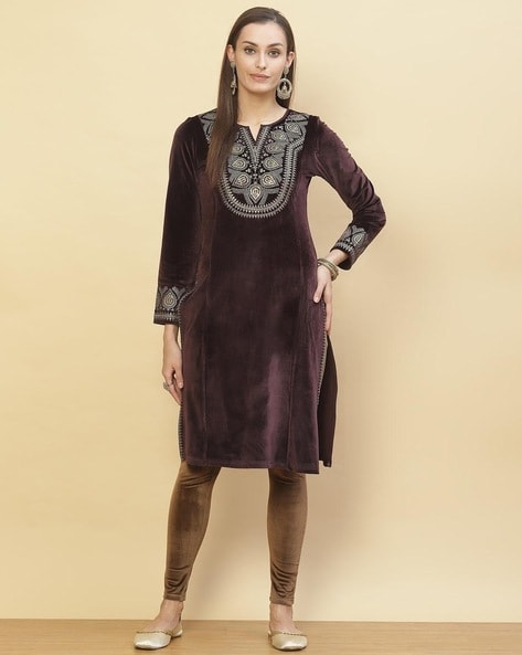 Brown Printed Woolen Kurta with Velvet Yoke – Lakshita