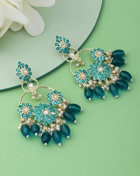 Gold Plated Crystal Design Teal Color Artificial Stone Hanging Dangle  Earring