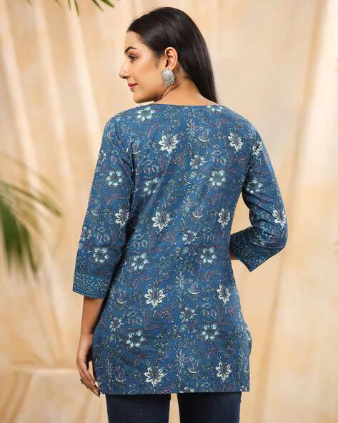 Cotton Embroidered Blue Party Wear Kurti buy online -