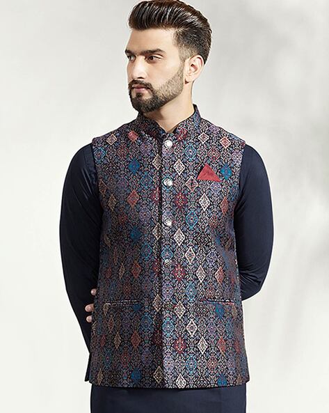 Polyester Viscose Printed Nehru Jacket In Black Colour - JK5300375