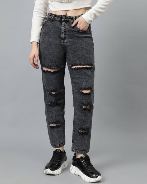 Grey Distressed Jeans Womens Women High-Rise Heavy-Distressed