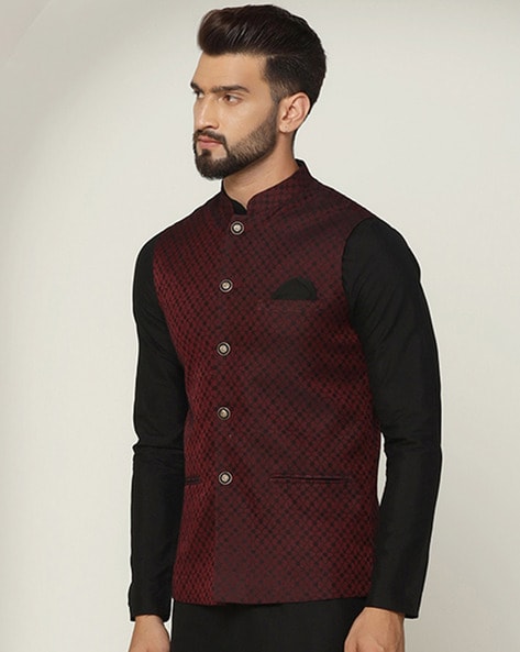 Jompers Men Maroon-Coloured Black Woven Design Nehru Jacket, 42% OFF