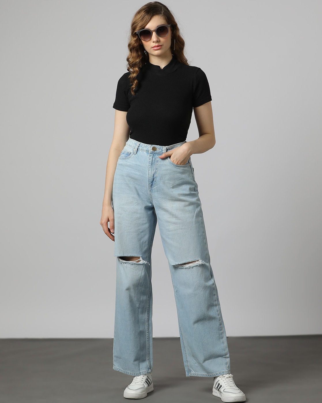 Mwardrobe Women High Waisted Baggy Ripped Jeans India