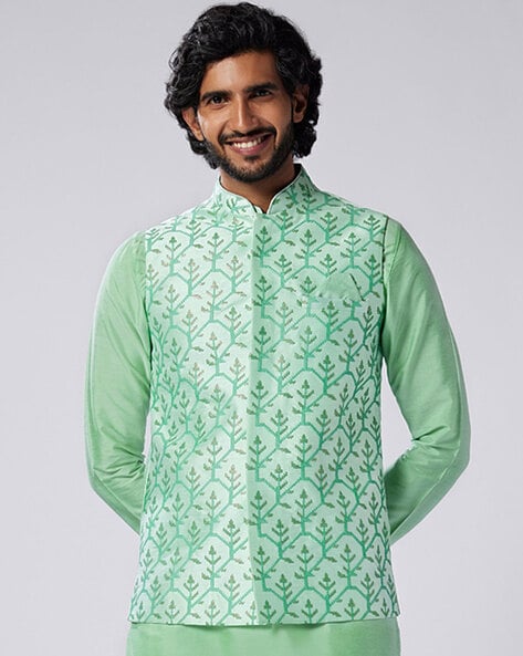 Embroidered Uppada Silk Nehru Jacket in Sea Green : UNJ1911