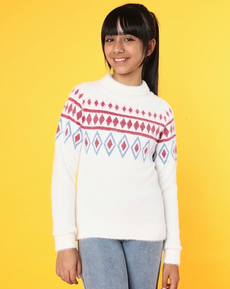 Girls Geometric Print Pullover Sweater