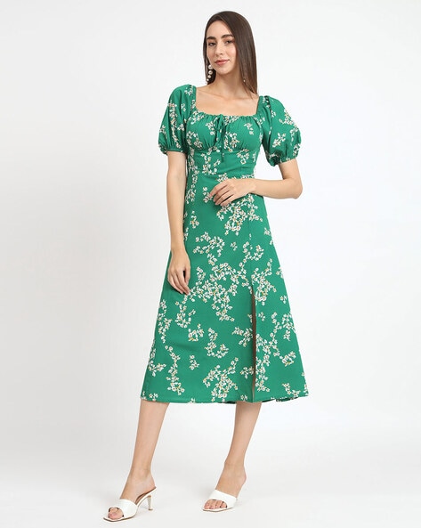 Print Fit-and-Flare Midi Dress Green