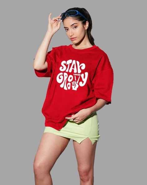 Women Typographic Print Oversized Round-Neck T-Shirt