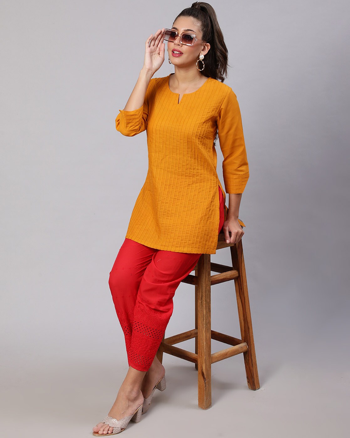 Solid Color Rayon A Line Kurti in Mustard : TVE1264