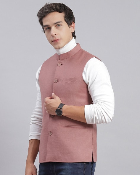 Buy SOJANYA Men Jacquard Silk Wine Color Nehru Jacket online