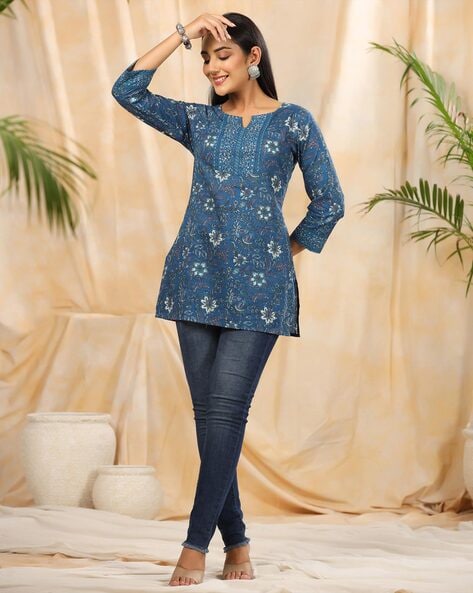 Blue western look floral printed flared dress short kurti, Frock, 3/4th  Sleeves at Rs 450/piece in Surat