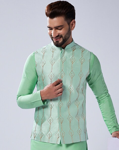 Stylish Sea Green Weaving Nehru Jacket Set